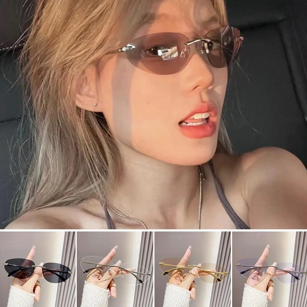 Frameless Sunglasses Fashionable Women Retro Decoration Sun High-End Eyeglass Decoration Oval Luxury Eyewear Glasses W9B9