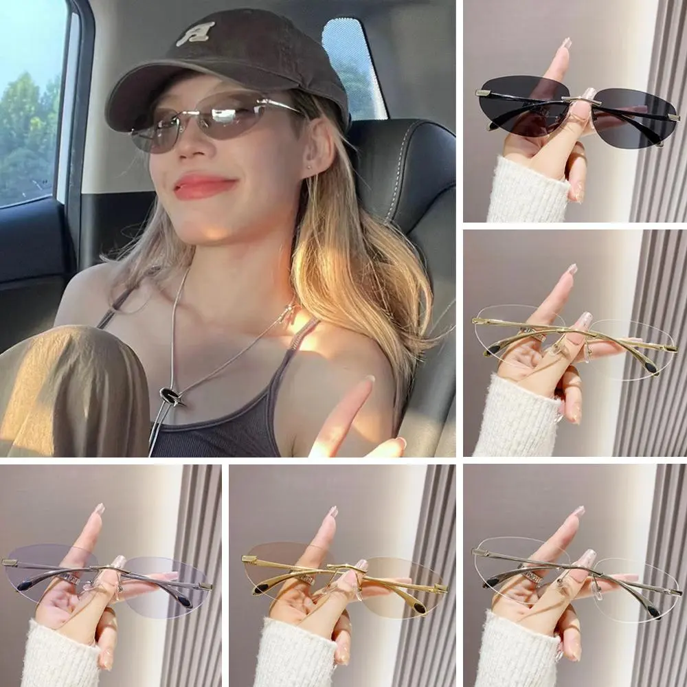 Frameless Sunglasses Fashionable Women Retro Decoration Sun High-End Eyeglass Decoration Oval Luxury Eyewear Glasses W9B9