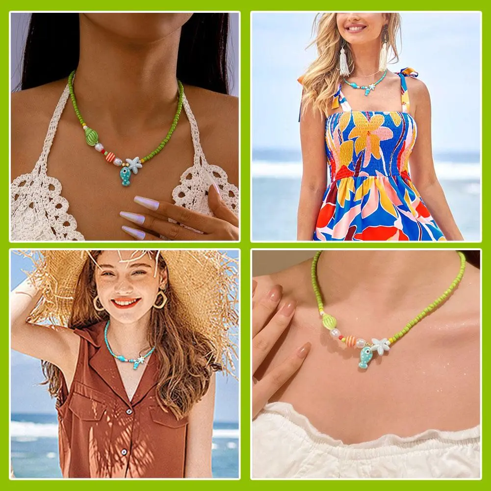 Bohemian Style Green Green Rice Beads Resin conch starfish Necklace Pendant Suitable for Summer Beach Party Gifts