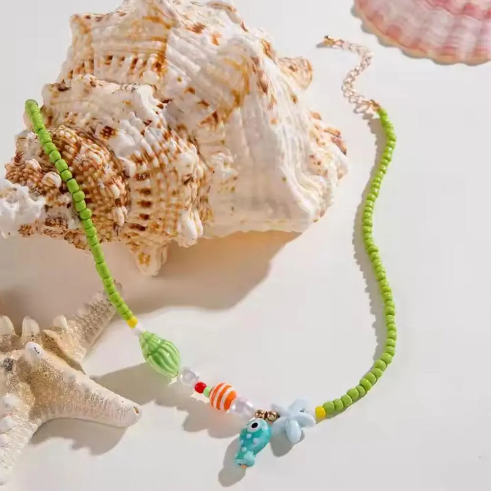 Bohemian Style Green Green Rice Beads Resin conch starfish Necklace Pendant Suitable for Summer Beach Party Gifts