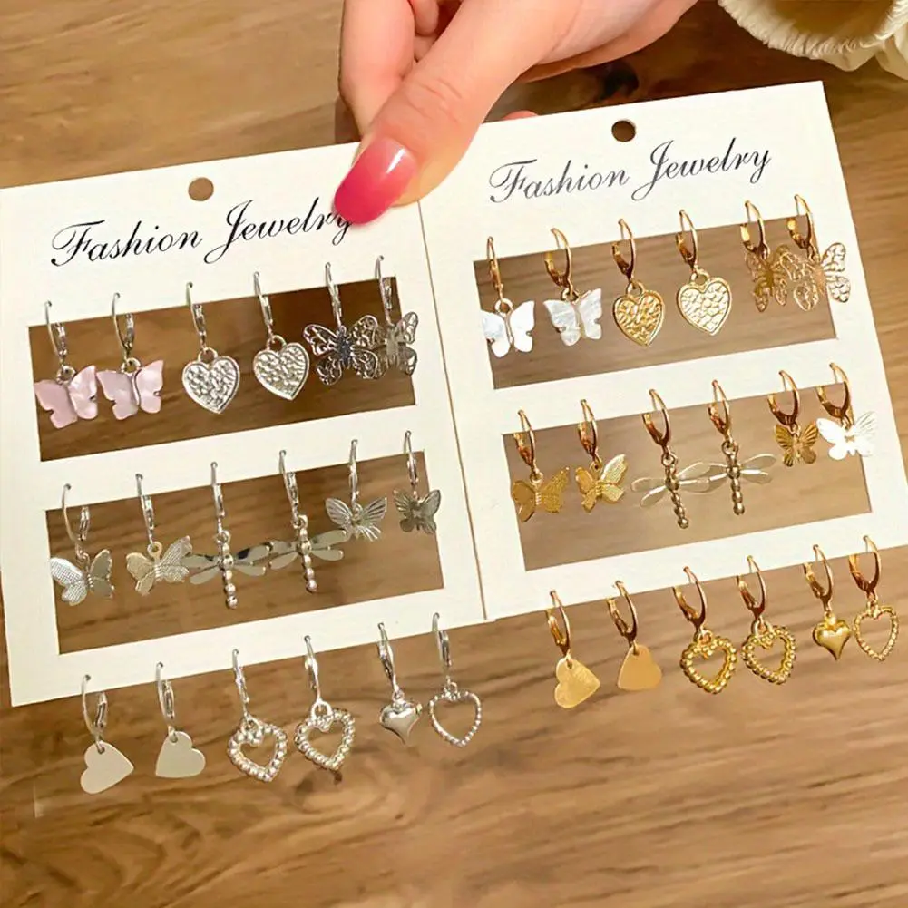 9 Pairs/ Set Exquisite Butterfly Heart Dragonfly Design Dangle Earrings Simple Vacation Style Delicate Holiday Earrings