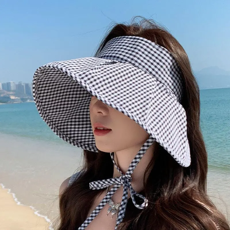 Summer Hats For Women Sun Hat Empty Top Plaid Breathable Sunscreen Windproof Rope Fashion Sunhat Beach Accessories Sunshade