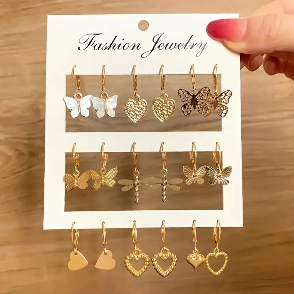 9 Pairs/ Set Exquisite Butterfly Heart Dragonfly Design Dangle Earrings Simple Vacation Style Delicate Holiday Earrings