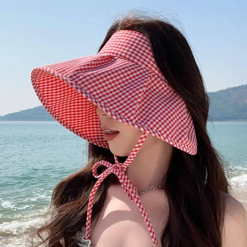 Summer Hats For Women Sun Hat Empty Top Plaid Breathable Sunscreen Windproof Rope Fashion Sunhat Beach Accessories Sunshade