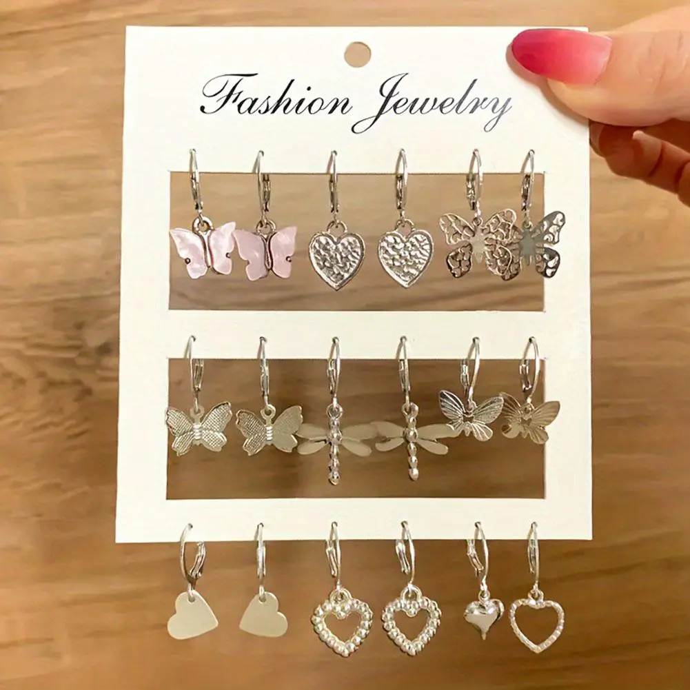 9 Pairs/ Set Exquisite Butterfly Heart Dragonfly Design Dangle Earrings Simple Vacation Style Delicate Holiday Earrings