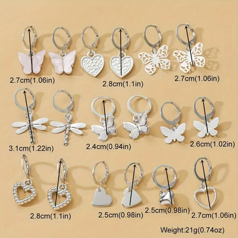 9 Pairs/ Set Exquisite Butterfly Heart Dragonfly Design Dangle Earrings Simple Vacation Style Delicate Holiday Earrings