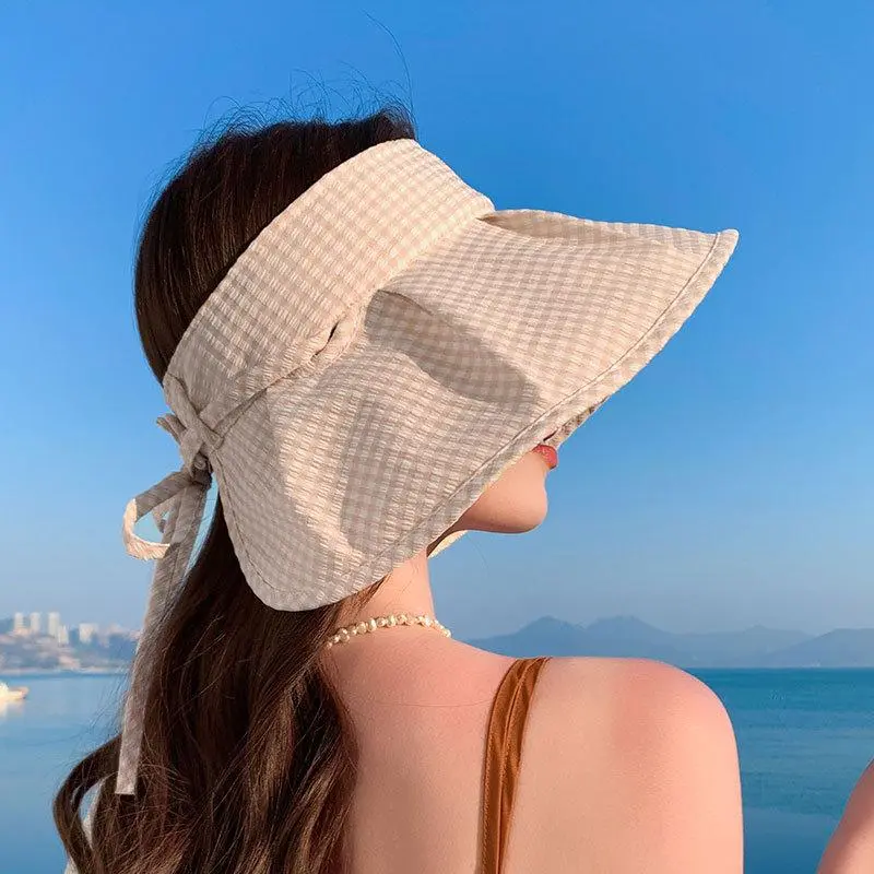 Summer Hats For Women Sun Hat Empty Top Plaid Breathable Sunscreen Windproof Rope Fashion Sunhat Beach Accessories Sunshade