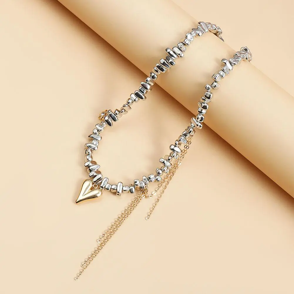 Y2K Heart Beaded Necklace Women Boho Crystal Class Gravel Clavicle Chain Cool Y2K Choker Exquisite Fashion Jewelry