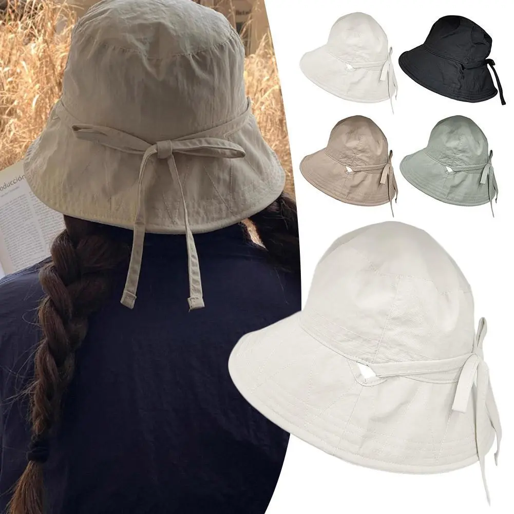 Casual Fisherman Hat Windbreak Rope Sunscreen Hat Solid Color Summer Outdoor Sunshade Basin Hat Lace-up Thin Tie Bucket Cap