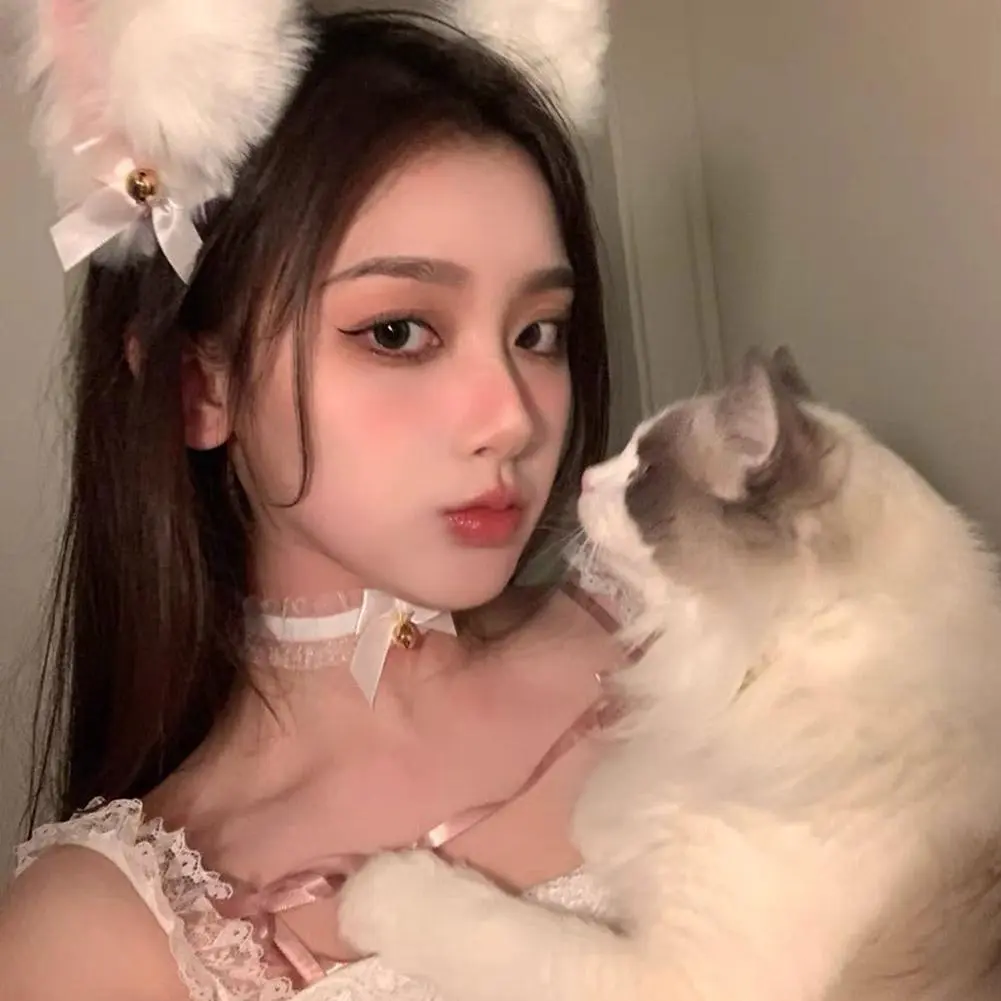 Cat Ear Bow Headband Necklace Claw Gloves Cosplay Plush Bell Hairband Women Girl Masquerade Party Headwear Hair