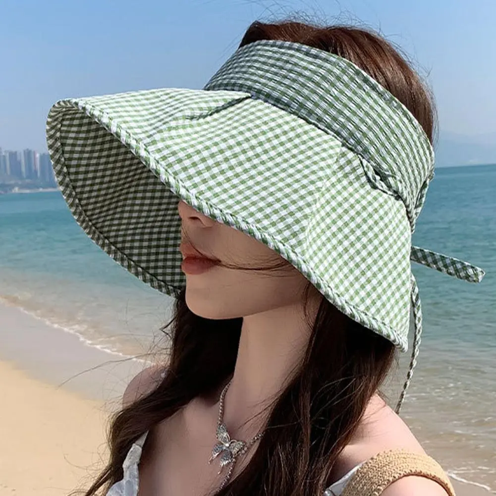 Summer Hats For Women Sun Hat Empty Top Plaid Breathable Sunscreen Windproof Rope Fashion Sunhat Beach Accessories Sunshade