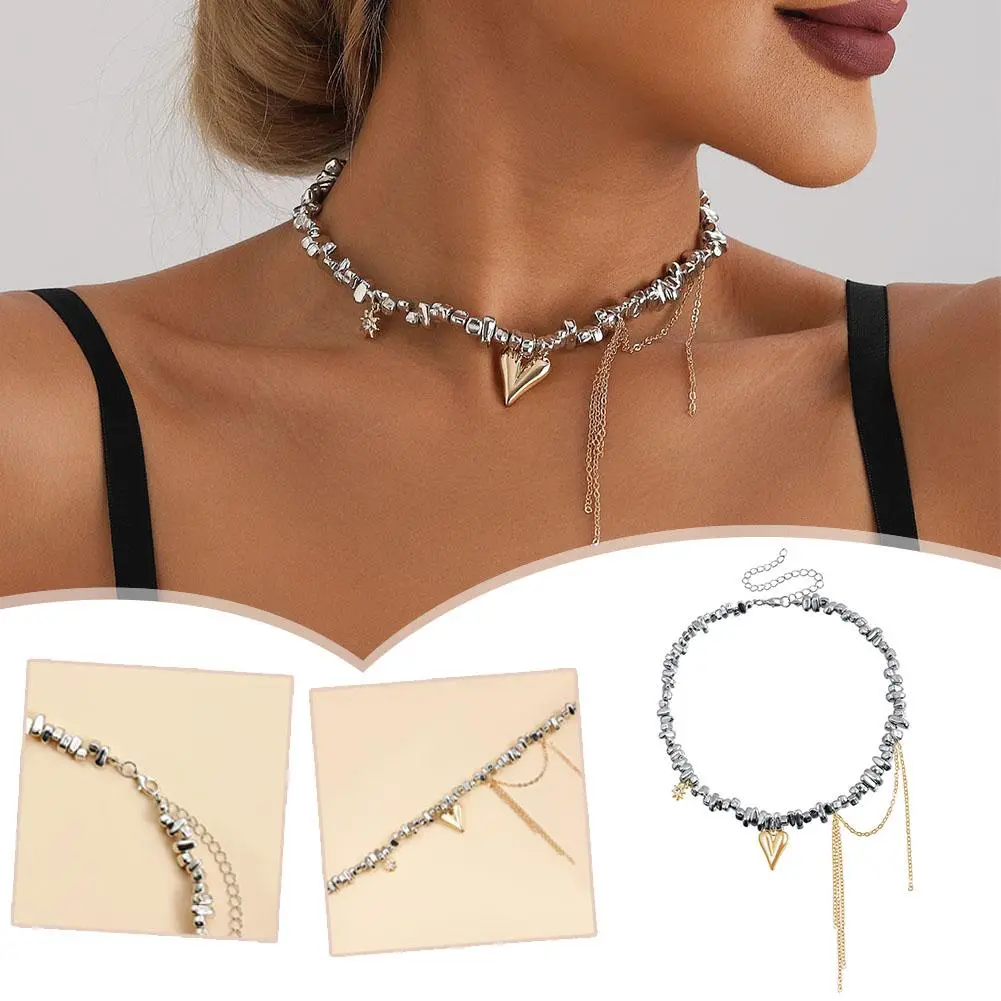 Y2K Heart Beaded Necklace Women Boho Crystal Class Gravel Clavicle Chain Cool Y2K Choker Exquisite Fashion Jewelry
