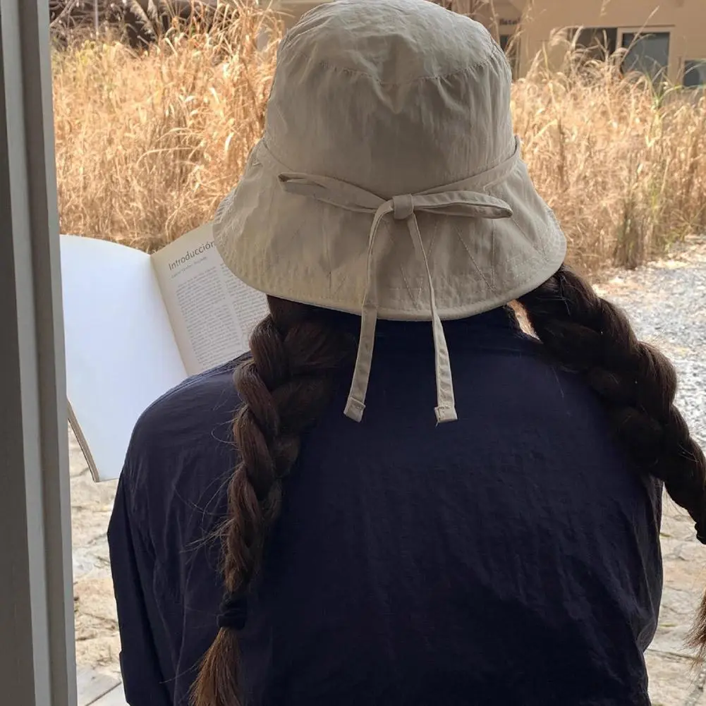 Casual Fisherman Hat Windbreak Rope Sunscreen Hat Solid Color Summer Outdoor Sunshade Basin Hat Lace-up Thin Tie Bucket Cap
