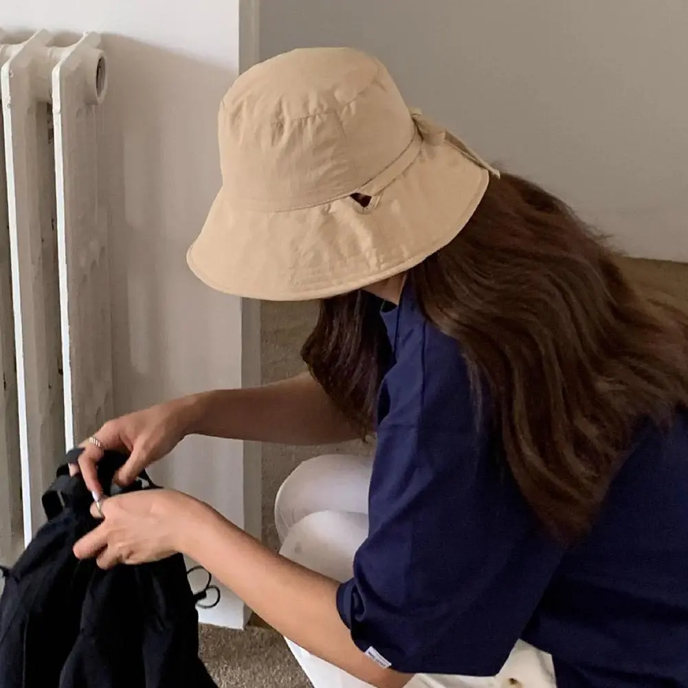 Casual Fisherman Hat Windbreak Rope Sunscreen Hat Solid Color Summer Outdoor Sunshade Basin Hat Lace-up Thin Tie Bucket Cap