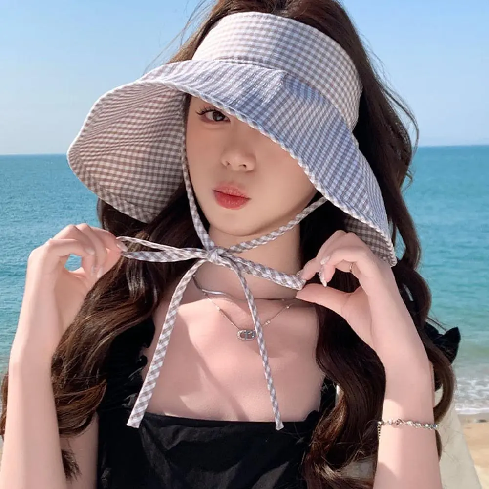 Summer Hats For Women Sun Hat Empty Top Plaid Breathable Sunscreen Windproof Rope Fashion Sunhat Beach Accessories Sunshade