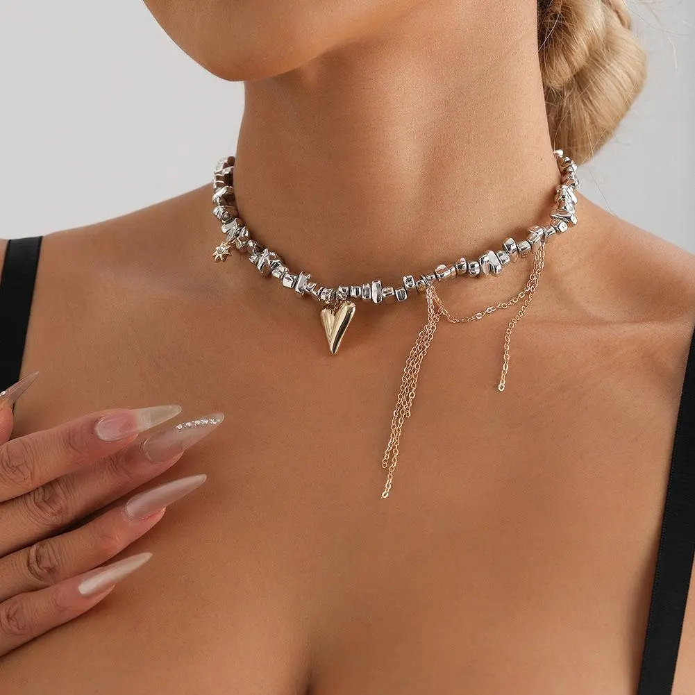 Y2K Heart Beaded Necklace Women Boho Crystal Class Gravel Clavicle Chain Cool Y2K Choker Exquisite Fashion Jewelry