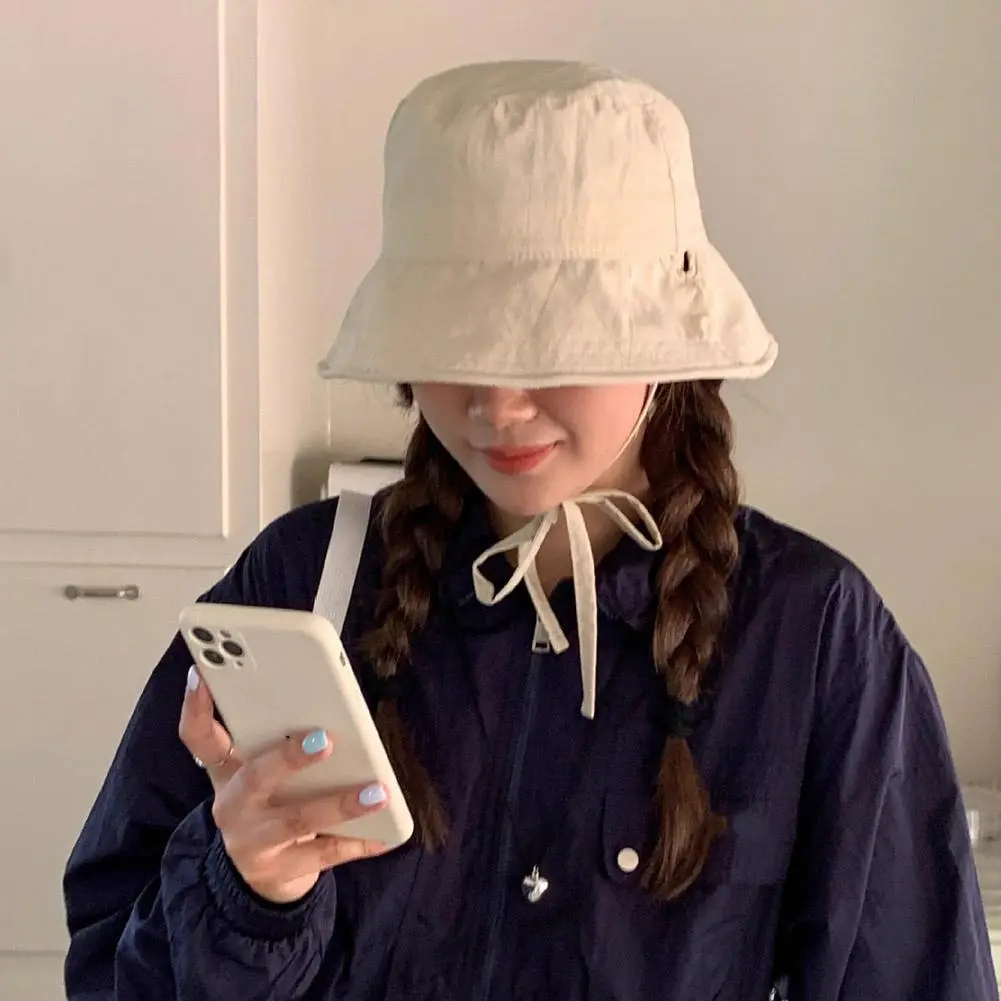 Casual Fisherman Hat Windbreak Rope Sunscreen Hat Solid Color Summer Outdoor Sunshade Basin Hat Lace-up Thin Tie Bucket Cap