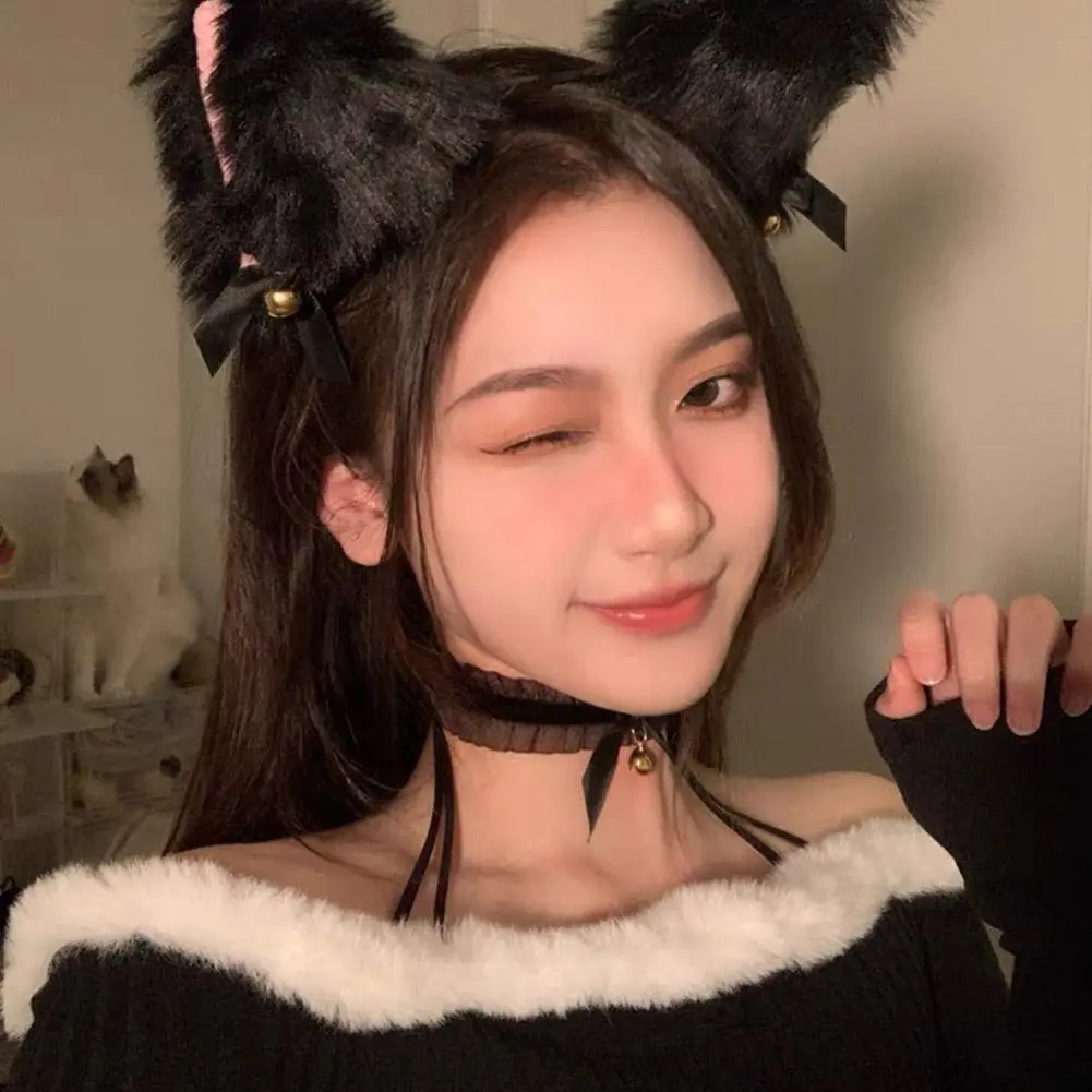 Cat Ear Bow Headband Necklace Claw Gloves Cosplay Plush Bell Hairband Women Girl Masquerade Party Headwear Hair