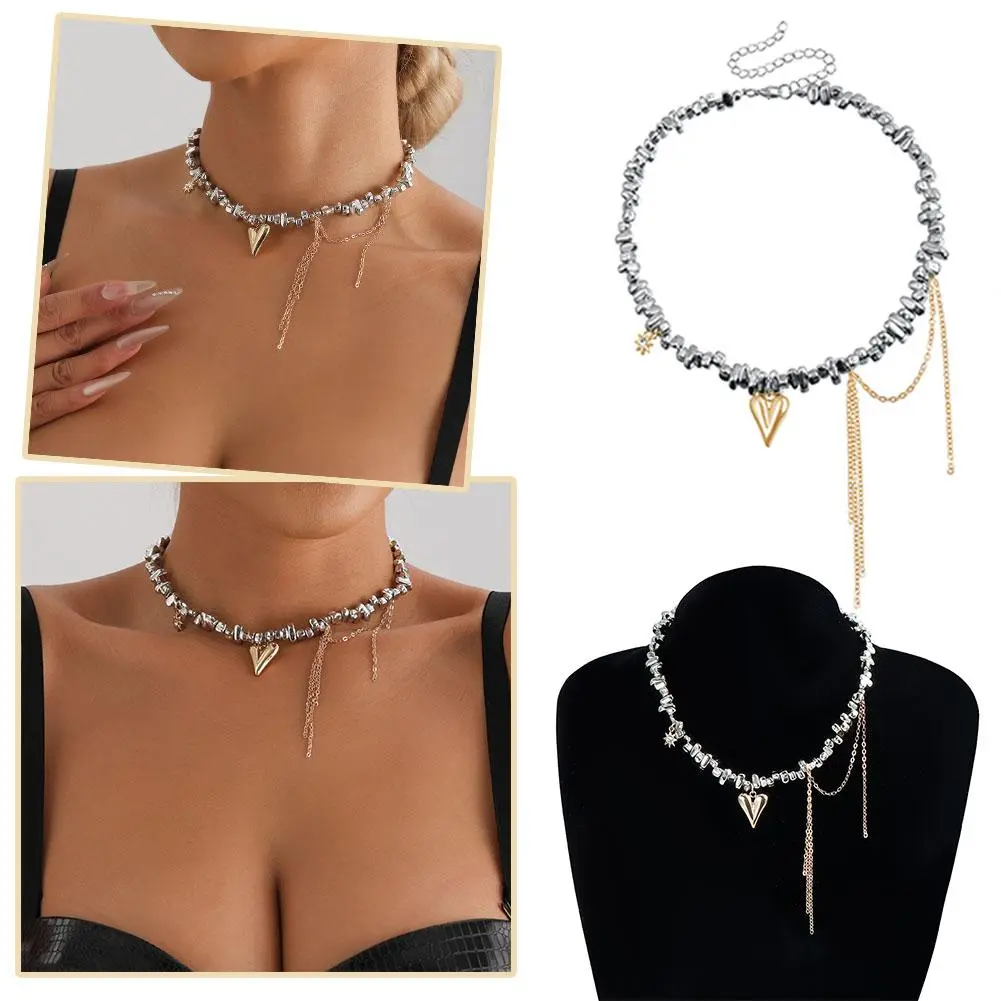 Y2K Heart Beaded Necklace Women Boho Crystal Class Gravel Clavicle Chain Cool Y2K Choker Exquisite Fashion Jewelry