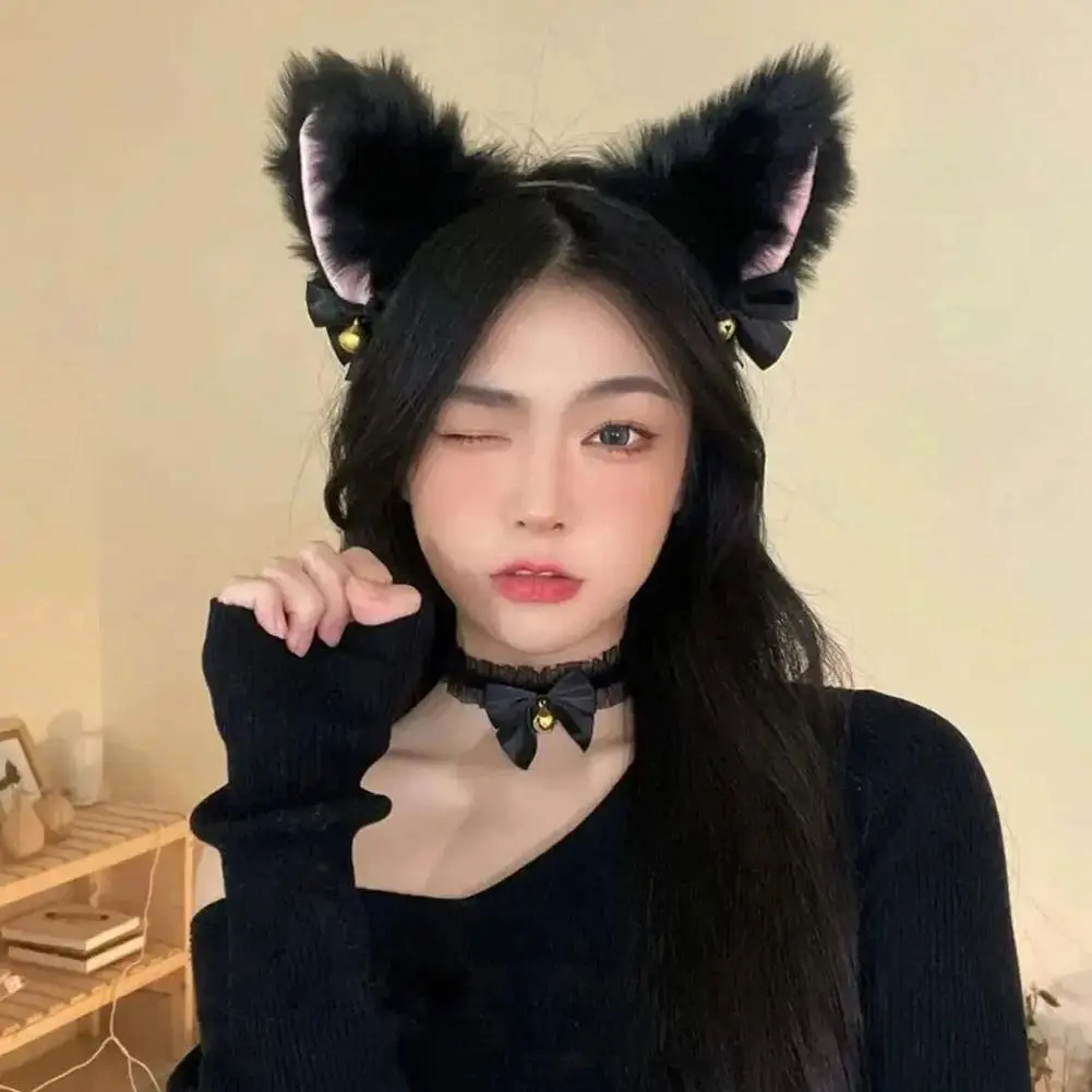 Cat Ear Bow Headband Necklace Claw Gloves Cosplay Plush Bell Hairband Women Girl Masquerade Party Headwear Hair