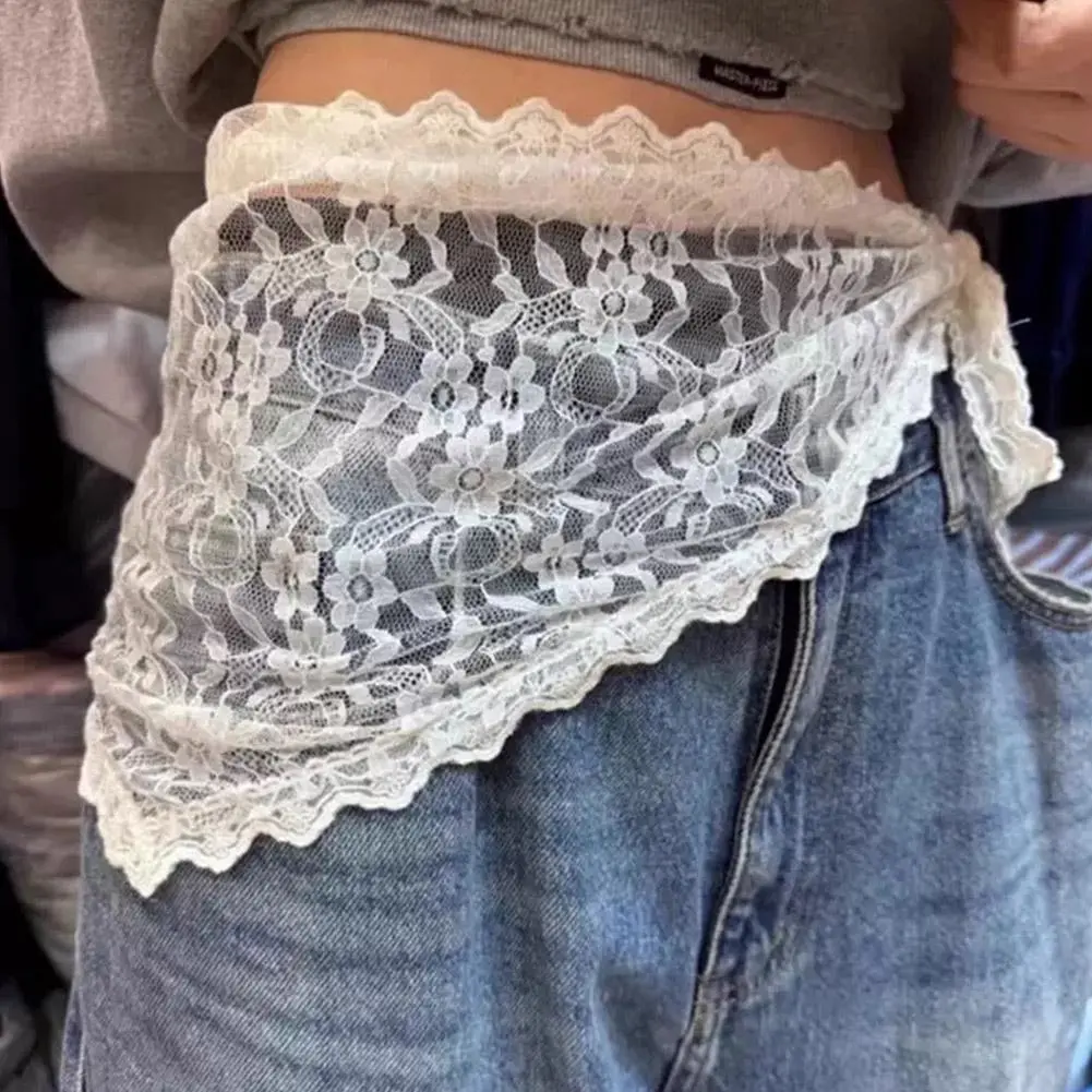 New Women's Korean Triangle One-Piece Belted Overlap Lace Skirt Apron Korean Lace Trim Half Skirt Short Skirt Butt Curtain