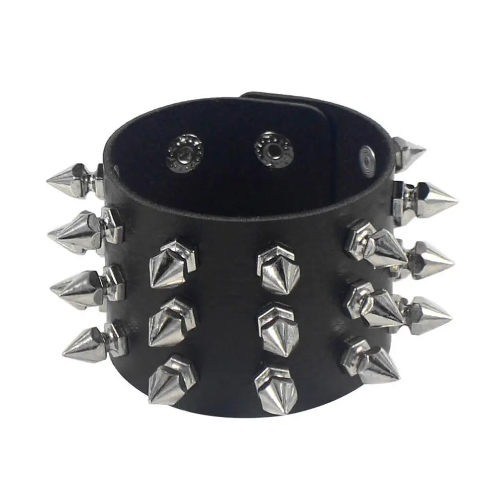 Punk Leather Spike Rivet Bracelets Set Faux Studded Cuff Bangle Goth Black Wristband Strap for Men Women Biker Halloween Party