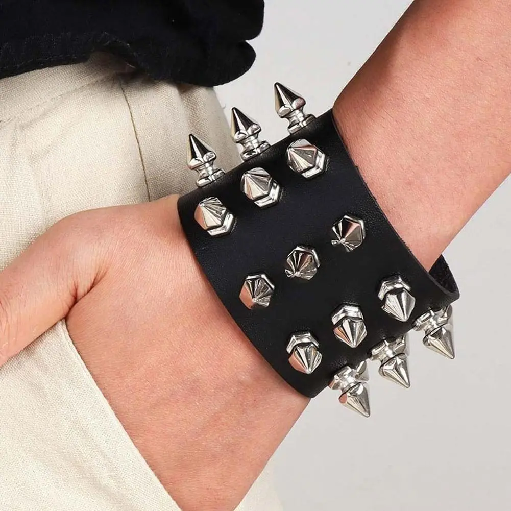 Punk Leather Spike Rivet Bracelets Set Faux Studded Cuff Bangle Goth Black Wristband Strap for Men Women Biker Halloween Party