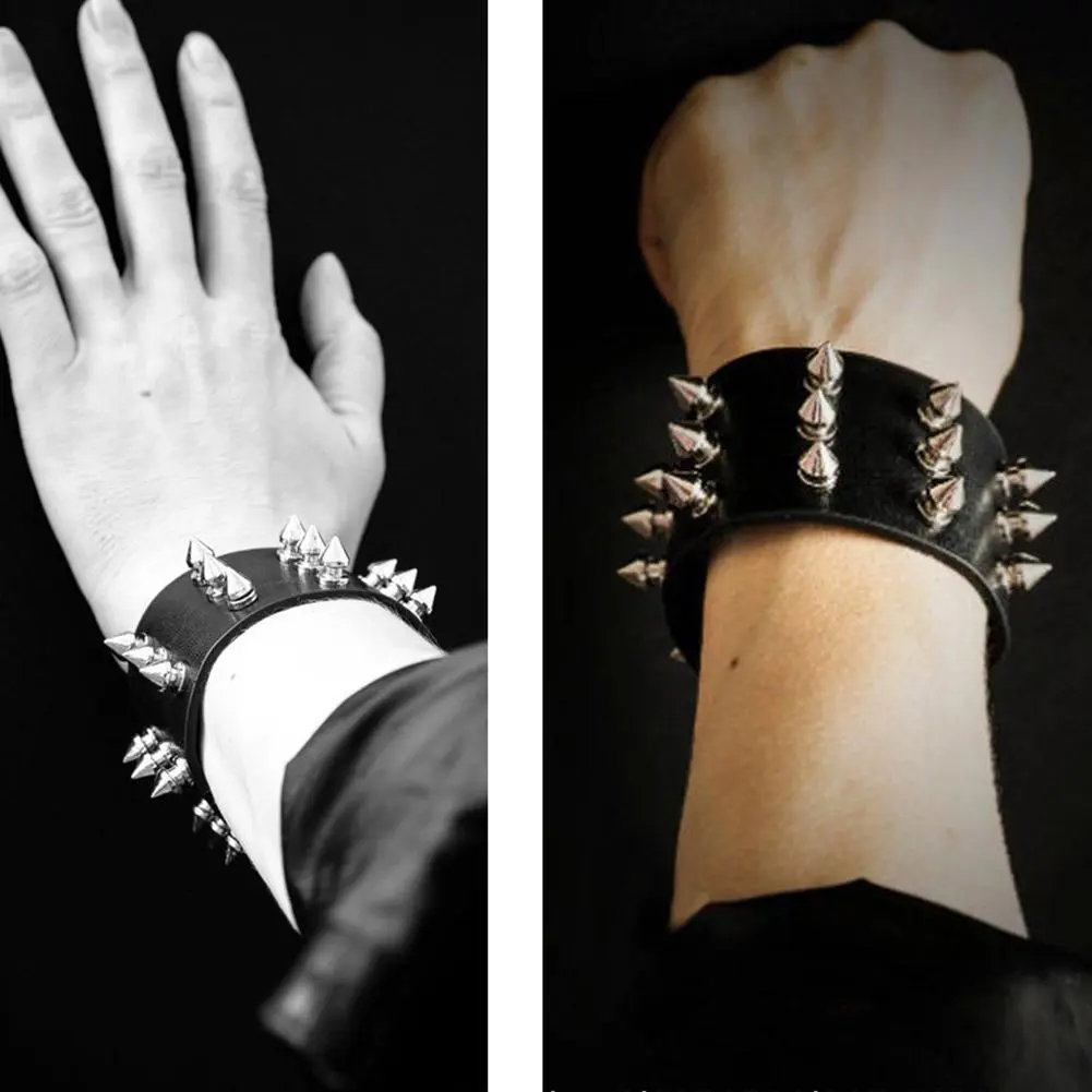 Punk Leather Spike Rivet Bracelets Set Faux Studded Cuff Bangle Goth Black Wristband Strap for Men Women Biker Halloween Party