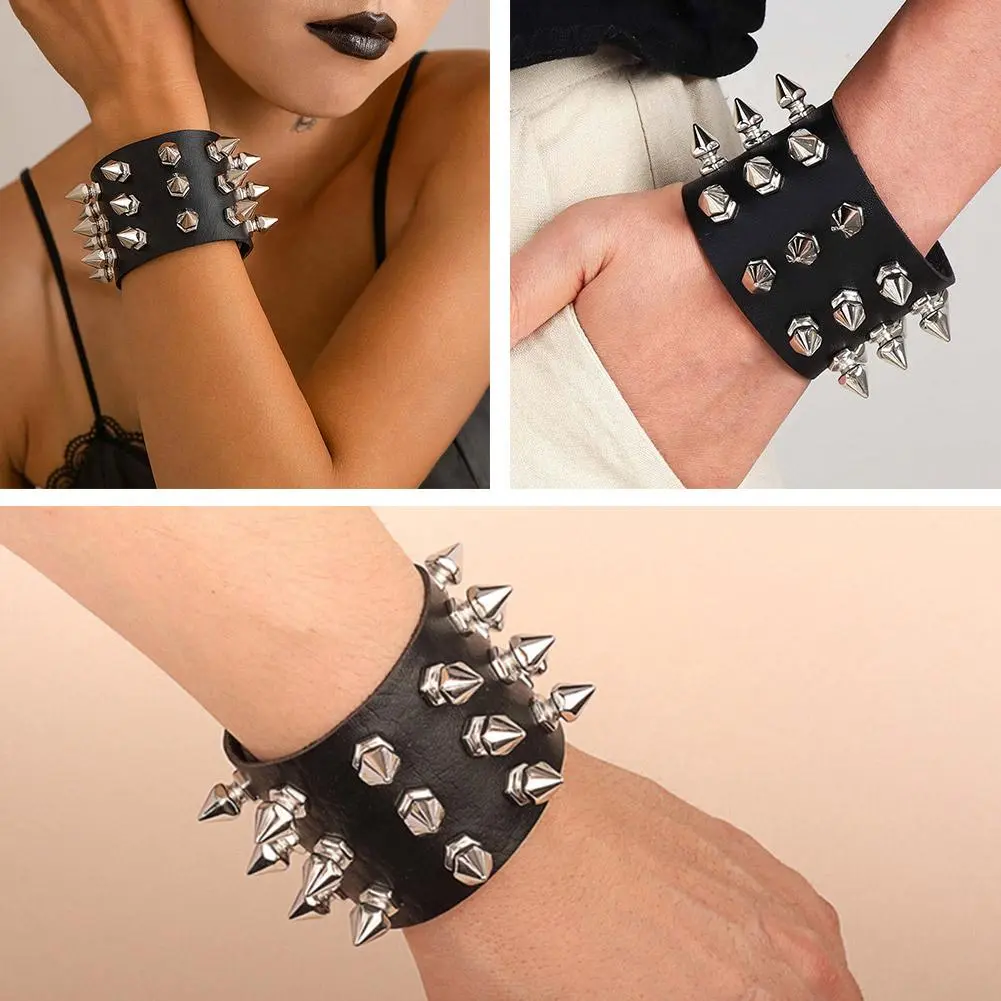 Punk Leather Spike Rivet Bracelets Set Faux Studded Cuff Bangle Goth Black Wristband Strap for Men Women Biker Halloween Party