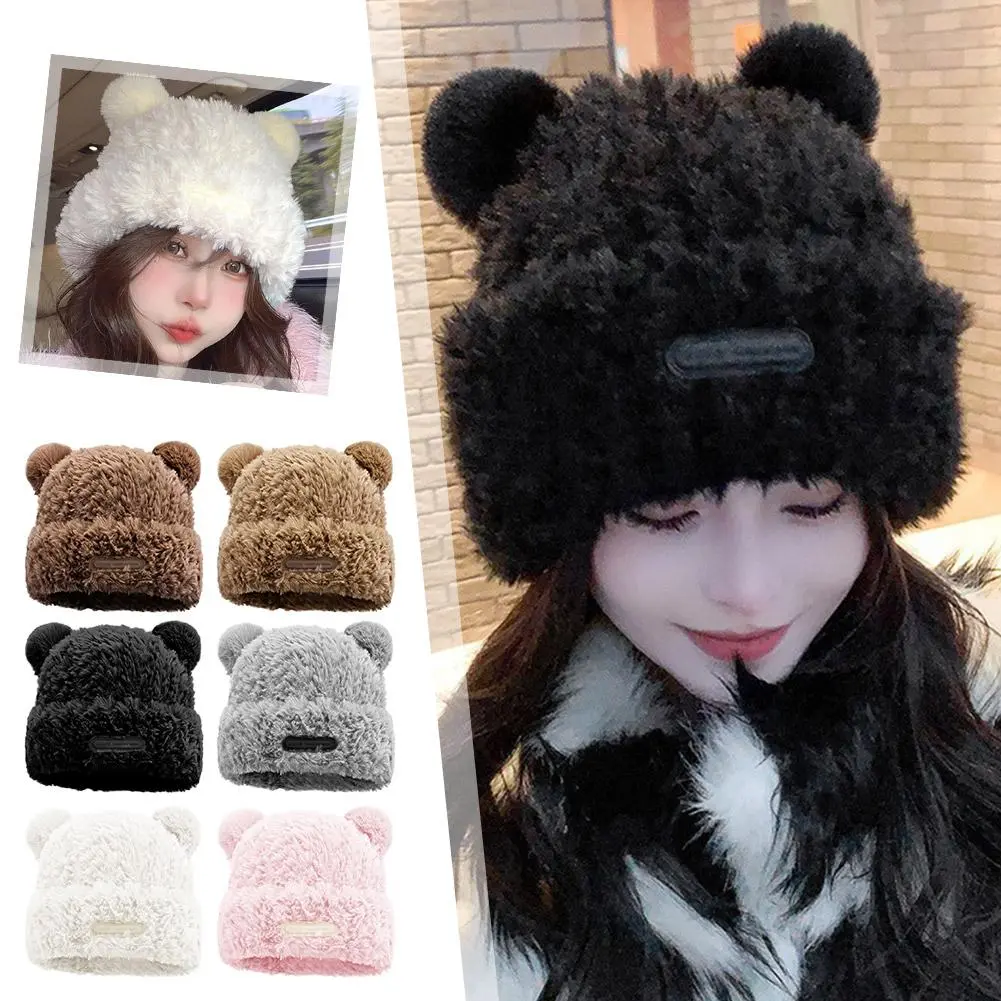 Autumn And Winter Korean Style Cute New Bear Plush Ear Protection Knitted Hat Fashionable And Versatile Woolen Hat