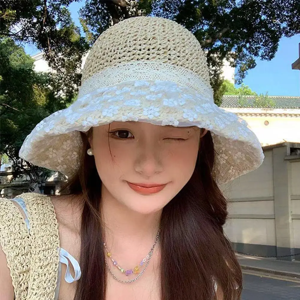Wide Brim Sun Protection Straw Bucket Hat for Women, Hand Woven Floral Lace Straw Hat, Perfect For Beach Travel