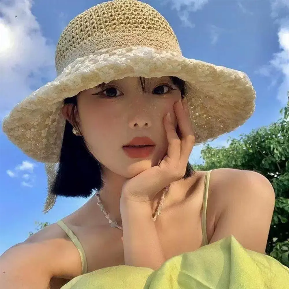 Wide Brim Sun Protection Straw Bucket Hat for Women, Hand Woven Floral Lace Straw Hat, Perfect For Beach Travel