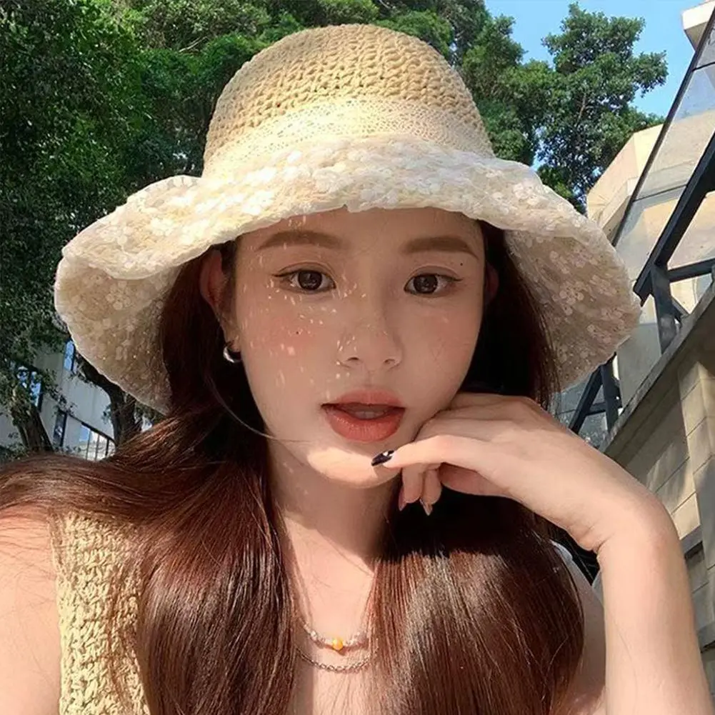 Wide Brim Sun Protection Straw Bucket Hat for Women, Hand Woven Floral Lace Straw Hat, Perfect For Beach Travel