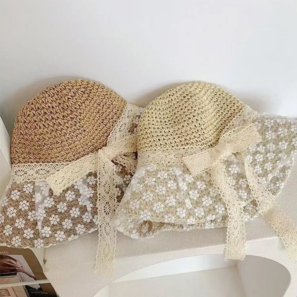 Wide Brim Sun Protection Straw Bucket Hat for Women, Hand Woven Floral Lace Straw Hat, Perfect For Beach Travel