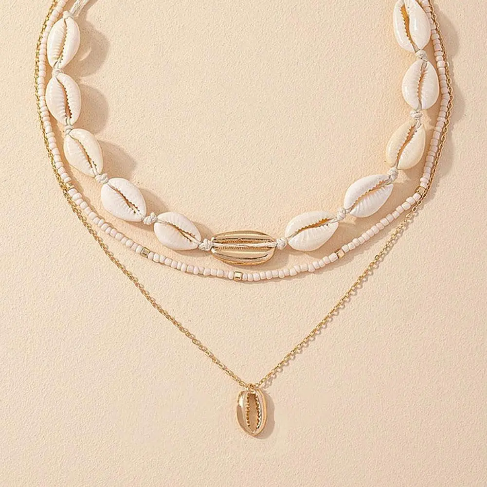 Vintage Bohemian Style Rice Bead Shell Pendant Necklace for Women Fashion Multi layered Clavicle Chain Party Jewelry