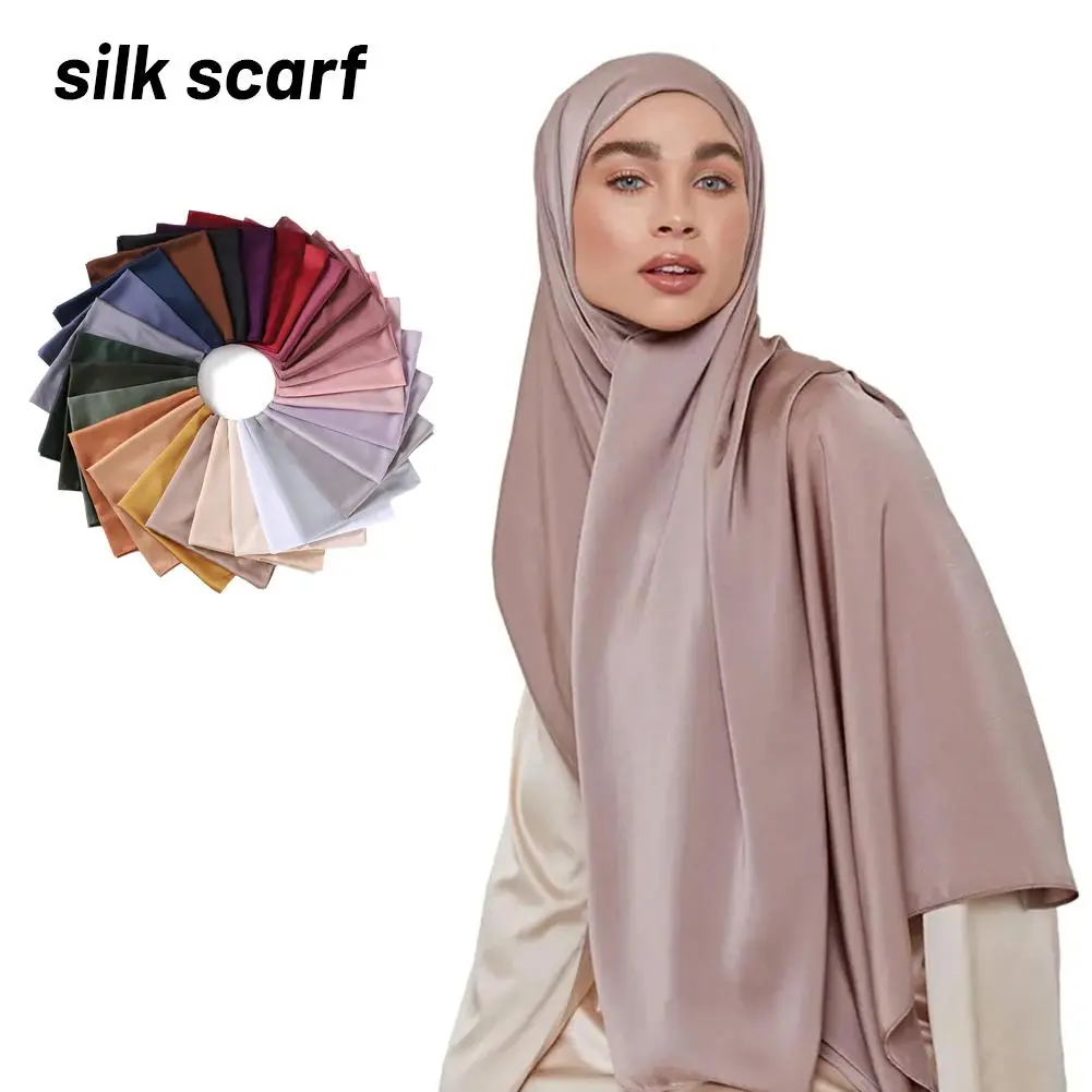 Silk Scarf Polyester Solid Muslim Long Scarves Women Shiny Silk Medine Luxury Shawl Muslim Silk Hijab Women Veil H3Q3