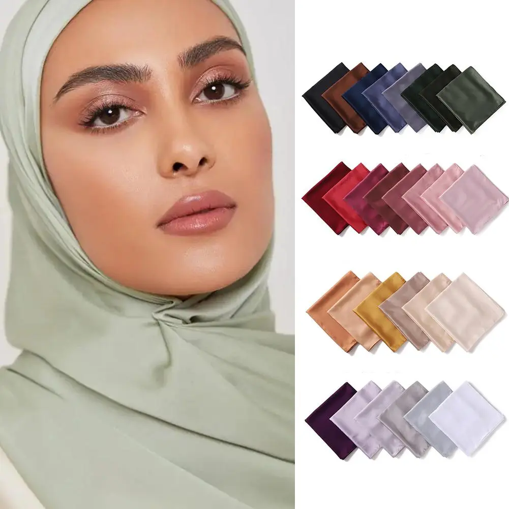 Silk Scarf Polyester Solid Muslim Long Scarves Women Shiny Silk Medine Luxury Shawl Muslim Silk Hijab Women Veil H3Q3