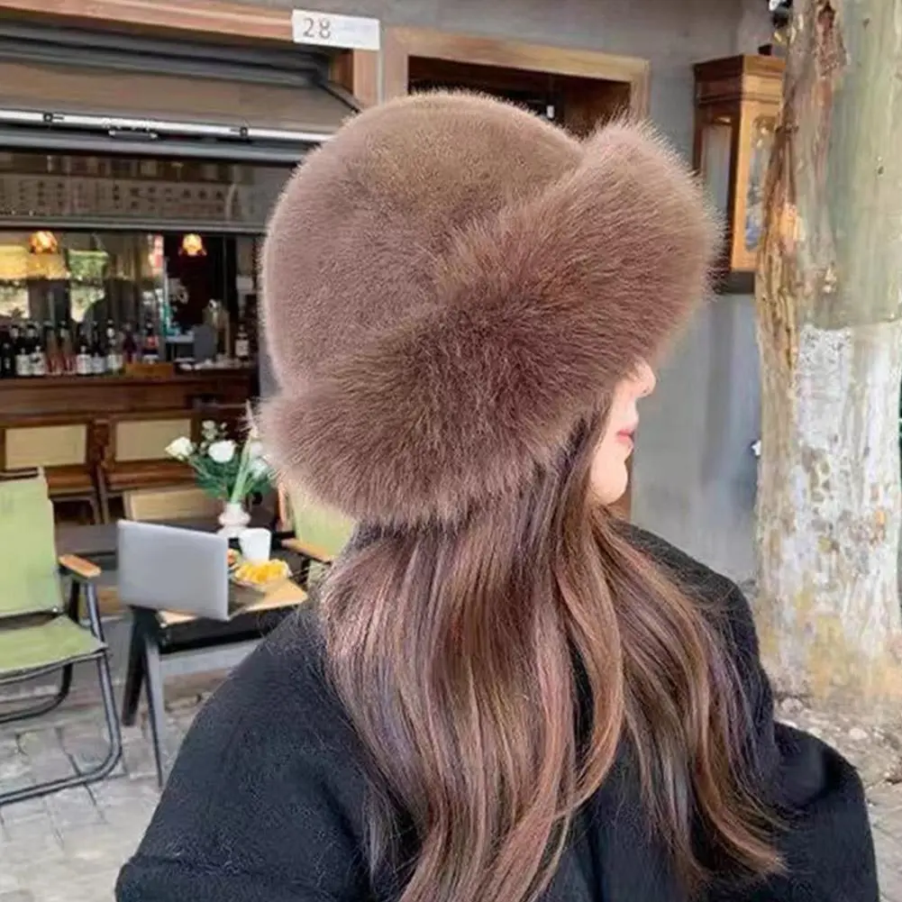 Winter Thick Warm Furry Beanies Hat Women Fashion Imitation Mink Fur Russian Cap Solid Color Plush Brimless Cap Brimless Ski Hat