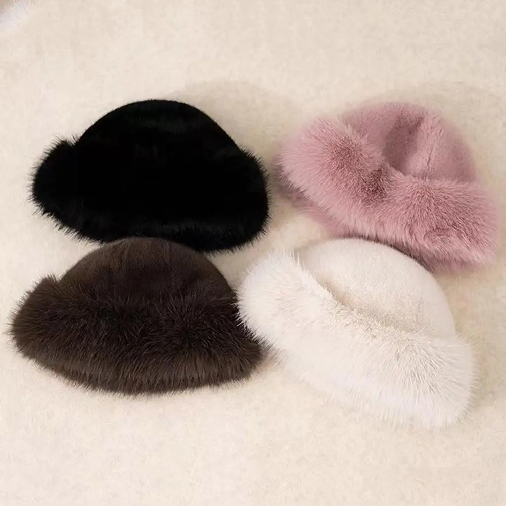 Winter Thick Warm Furry Beanies Hat Women Fashion Imitation Mink Fur Russian Cap Solid Color Plush Brimless Cap Brimless Ski Hat
