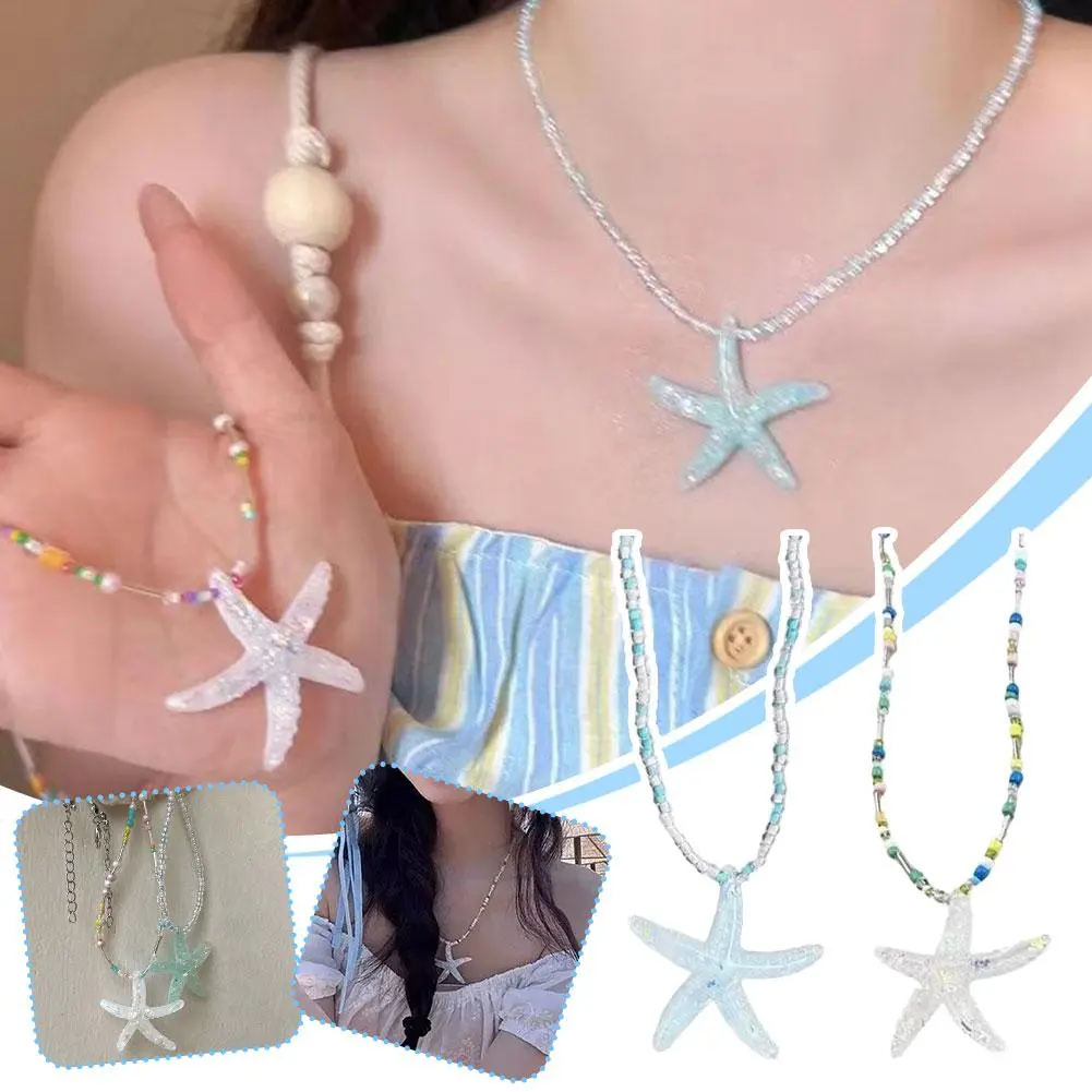 Y2K Large Resin Star Starfish Beads Pendant Necklace For Women Trendy Summer Beach Vacation Jewelry On Neck Accessories Fem B8R3