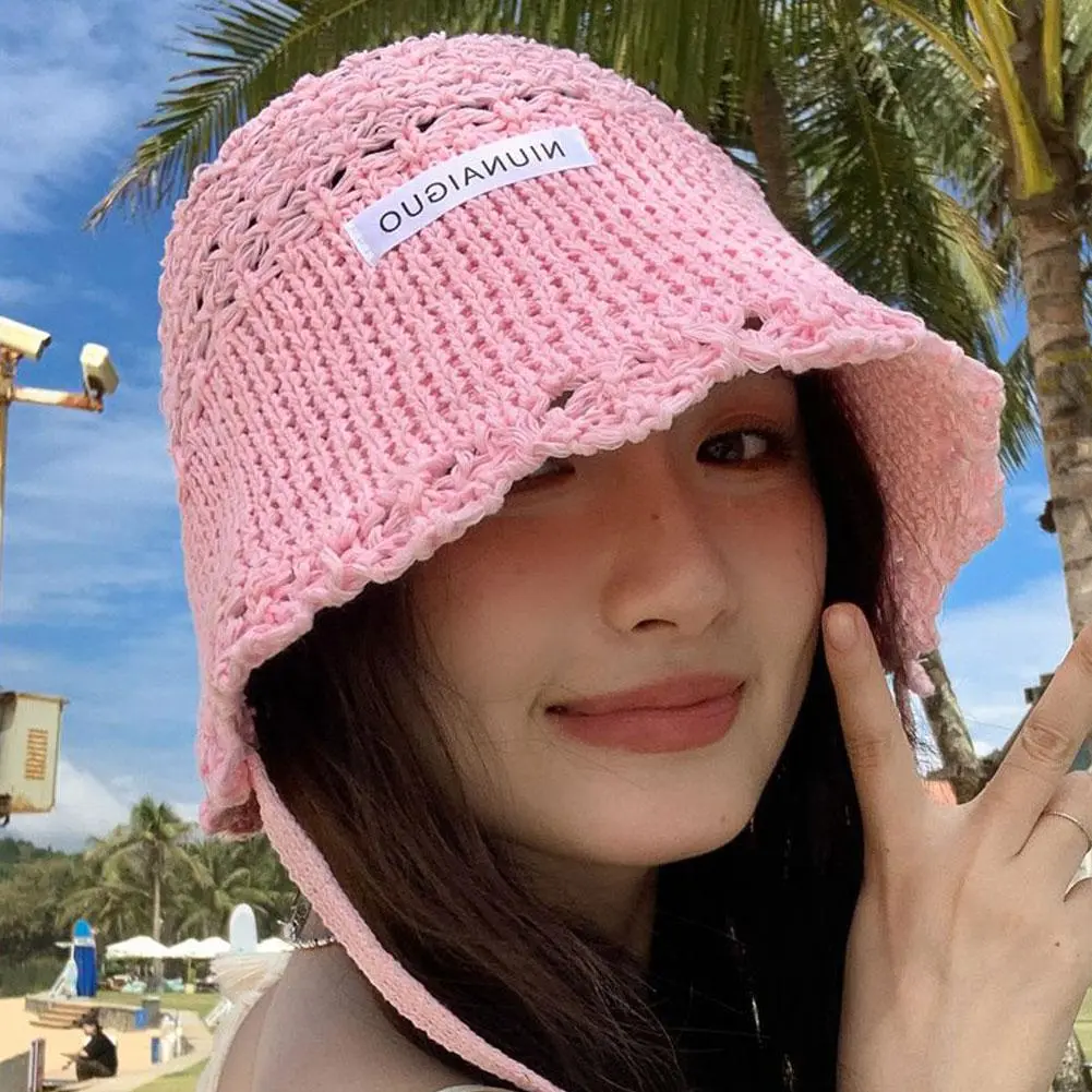 Korean Version of Lace Hand Crocheted Lace Up Bucket Hat Women's Summer Breathable Casual Versatile Hollow Sunshade Sun Cap