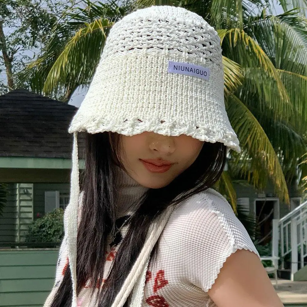 Korean Version of Lace Hand Crocheted Lace Up Bucket Hat Women's Summer Breathable Casual Versatile Hollow Sunshade Sun Cap