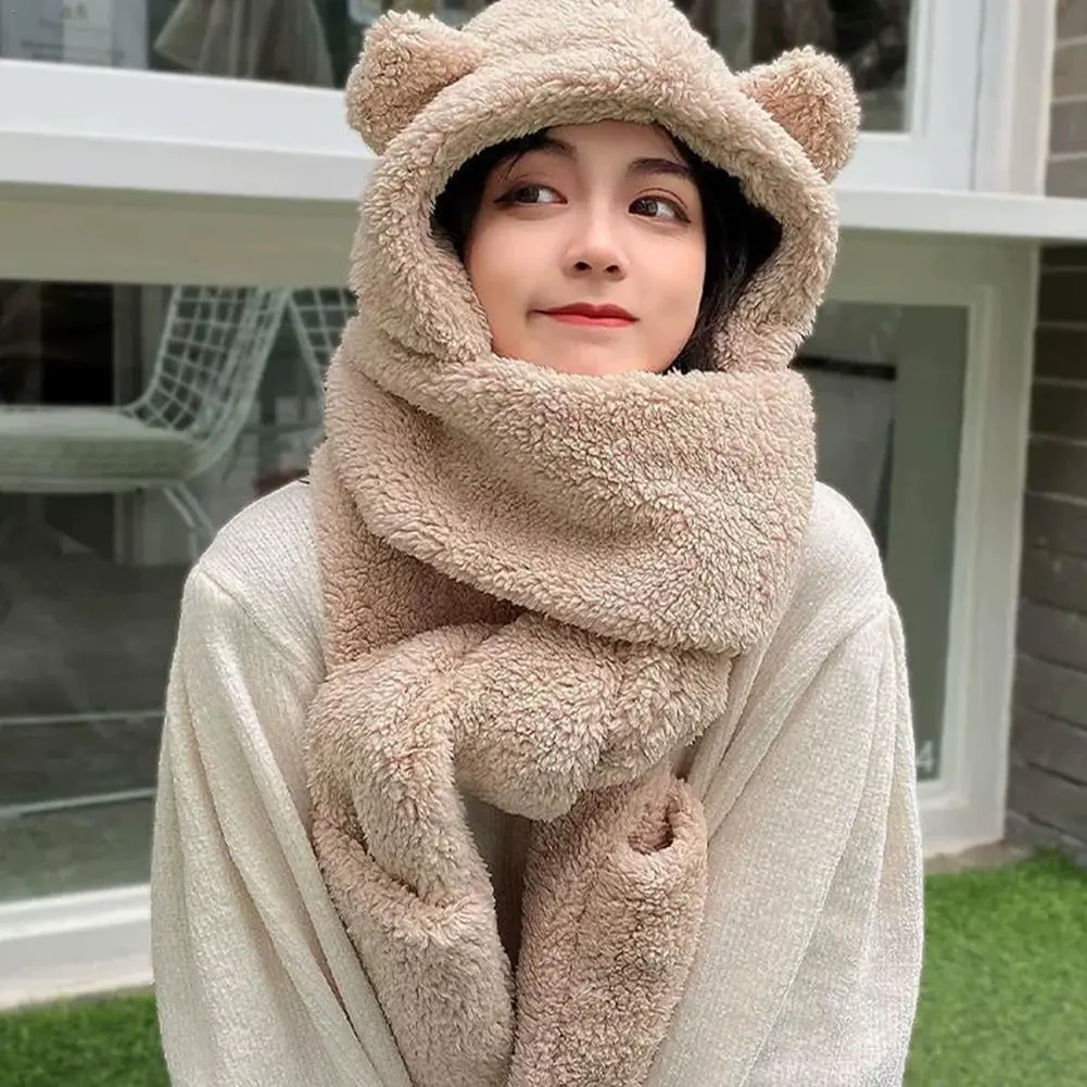 New Cute Bear Ear Hat Scarf Gloves Set Winter Women Beanies Caps Warm Casual Plush Hats Casual Solid Fleece Girl Kawaii Present
