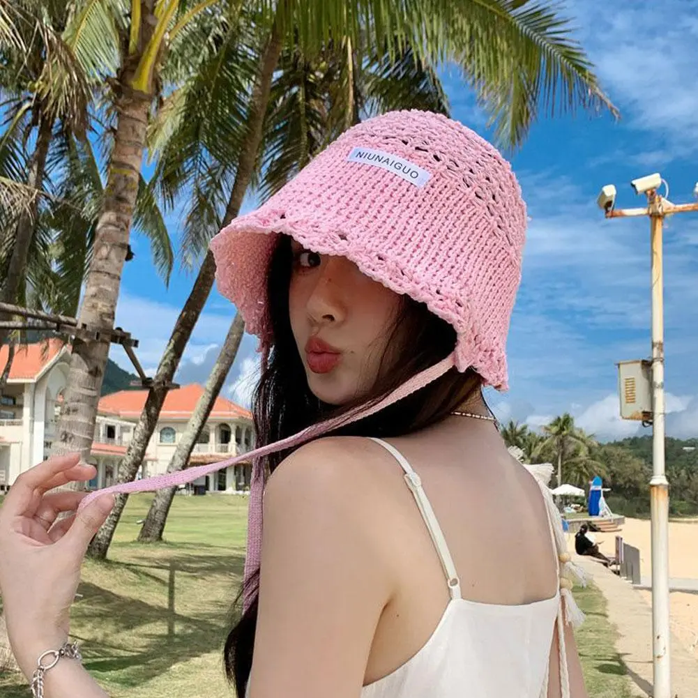 Korean Version of Lace Hand Crocheted Lace Up Bucket Hat Women's Summer Breathable Casual Versatile Hollow Sunshade Sun Cap