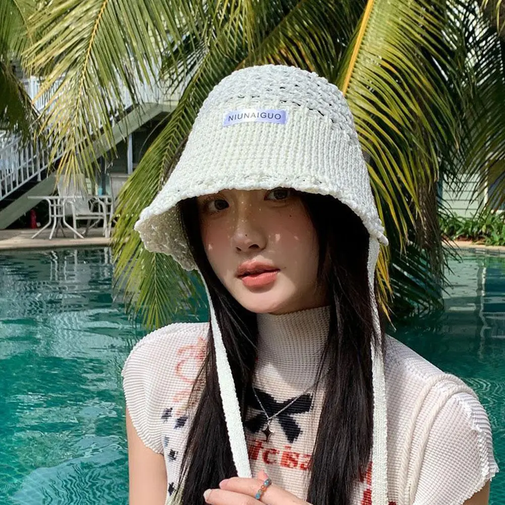 Korean Version of Lace Hand Crocheted Lace Up Bucket Hat Women's Summer Breathable Casual Versatile Hollow Sunshade Sun Cap