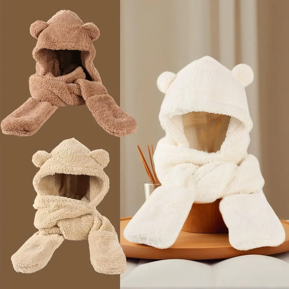 New Cute Bear Ear Hat Scarf Gloves Set Winter Women Beanies Caps Warm Casual Plush Hats Casual Solid Fleece Girl Kawaii Present