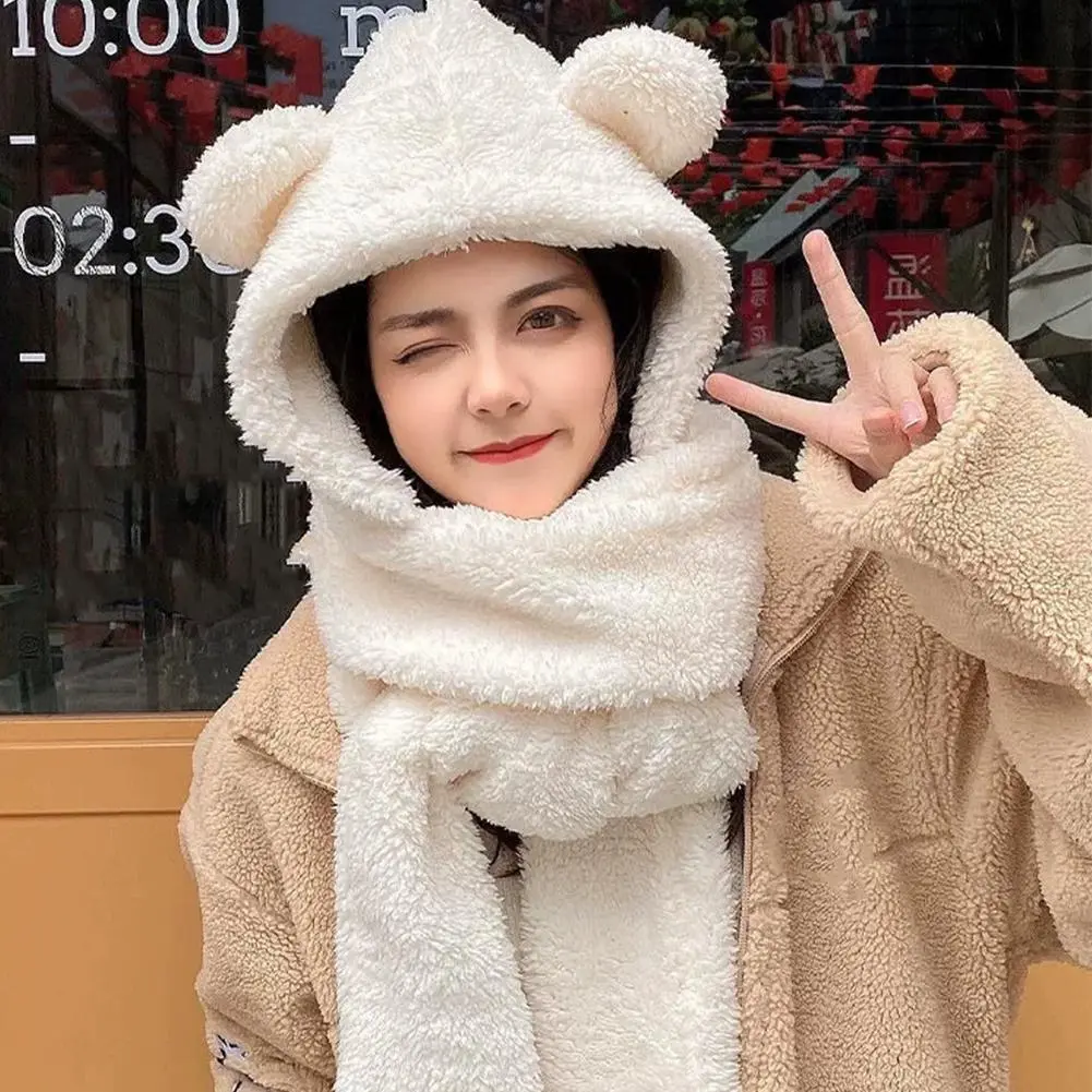 New Cute Bear Ear Hat Scarf Gloves Set Winter Women Beanies Caps Warm Casual Plush Hats Casual Solid Fleece Girl Kawaii Present
