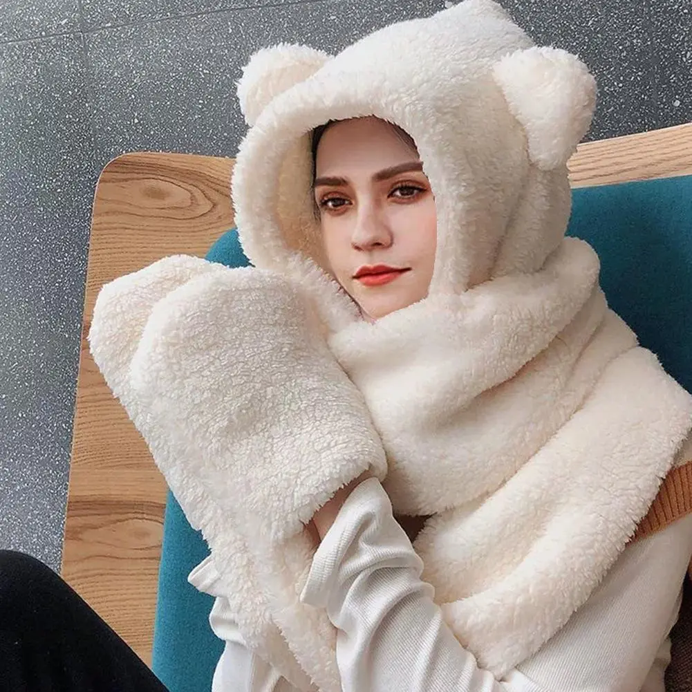 New Cute Bear Ear Hat Scarf Gloves Set Winter Women Beanies Caps Warm Casual Plush Hats Casual Solid Fleece Girl Kawaii Present