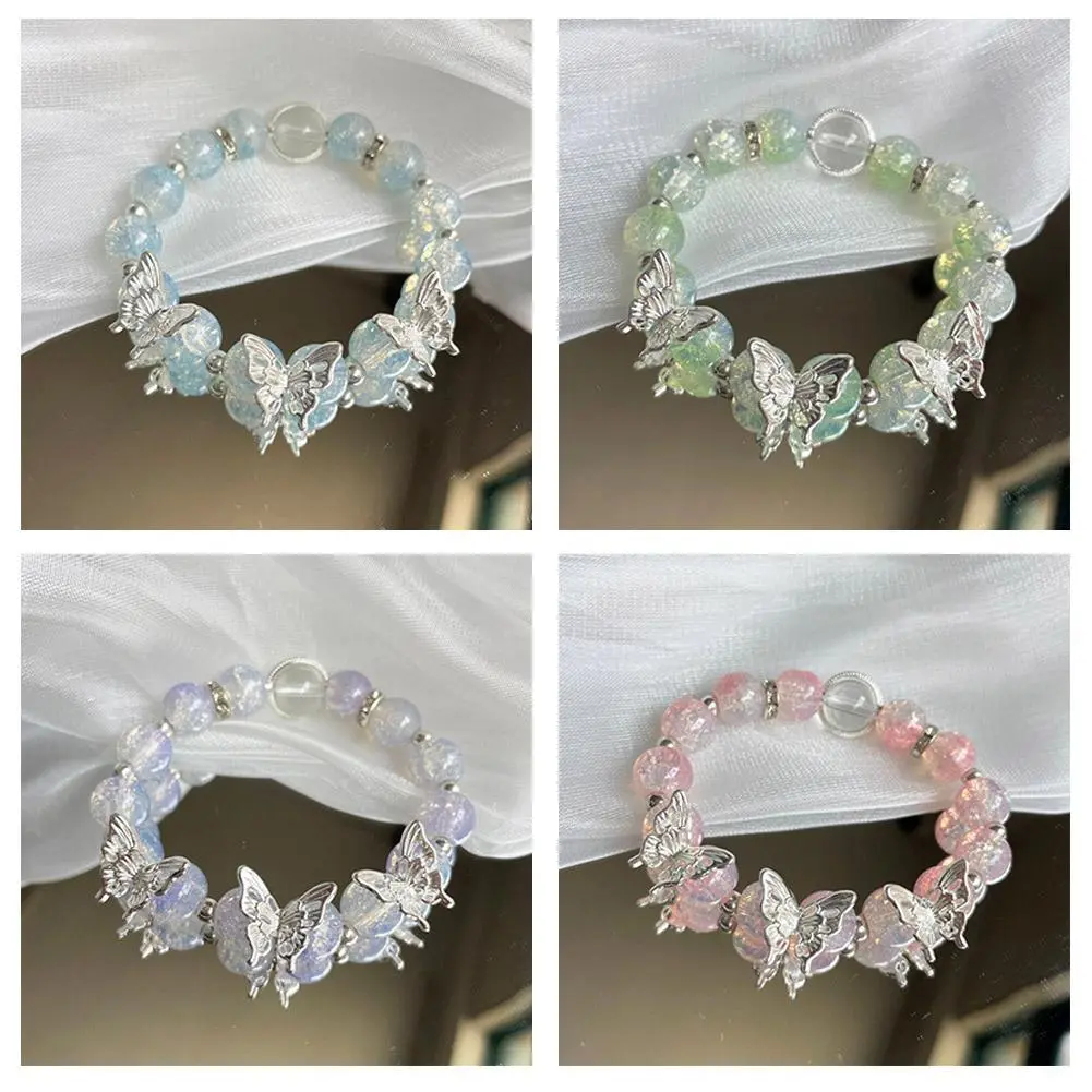 Hot Selling Silver Color Star Moon Tassel Pendant 8mm Burst Flower Crystal Cracked Crystal Beaded Bracelets for Women Girls