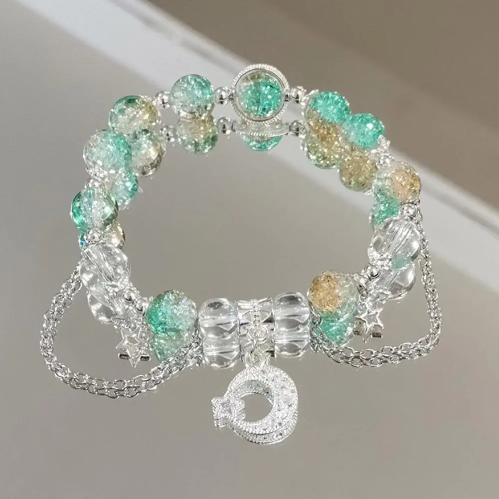 Hot Selling Silver Color Star Moon Tassel Pendant 8mm Burst Flower Crystal Cracked Crystal Beaded Bracelets for Women Girls
